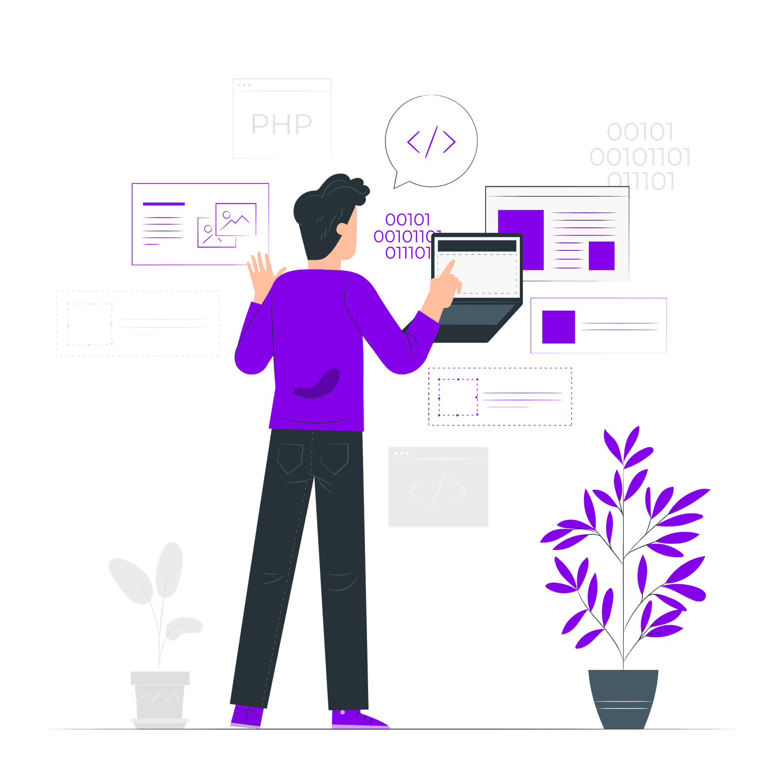 Developer activity-pana Illustration einer Person, die auf einem Laptop steht und mit schwebenden Webdesign-Schnittstellenbildschirmen mit Codesymbolen und binären Zahlen interagiert, neben lila Topfpflanzen.